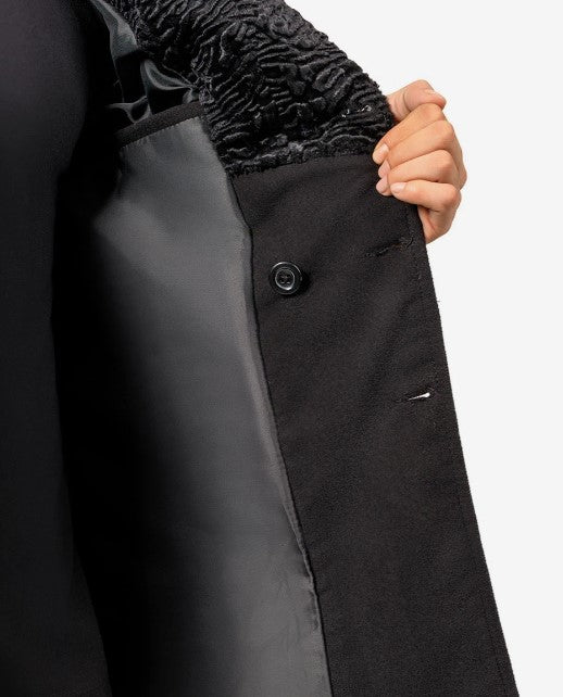 Mens Peacoat With Fur Collar  - Black Wool Button Coat