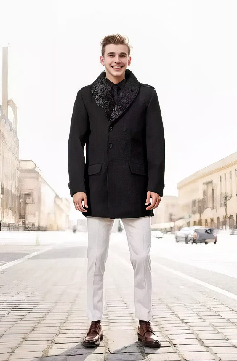 Mens Peacoat With Fur Collar  - Black Wool Button Coat