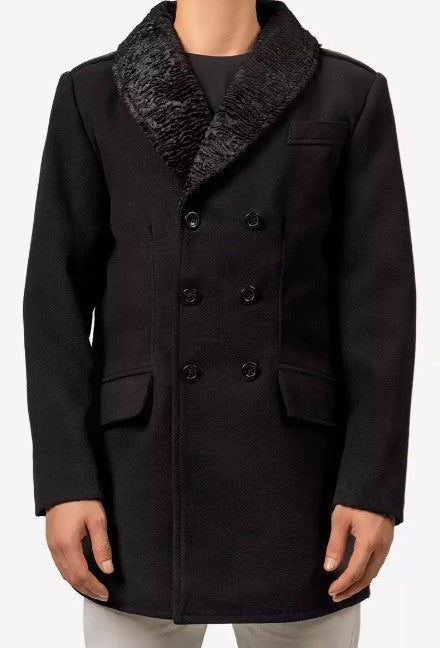 Mens Peacoat With Fur Collar  - Black Wool Button Coat