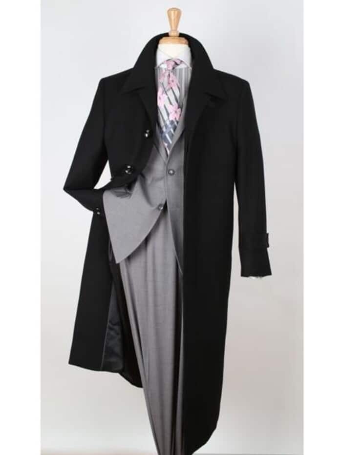 100% Wool Gabardine Black Wide Lapel Top Overcoat