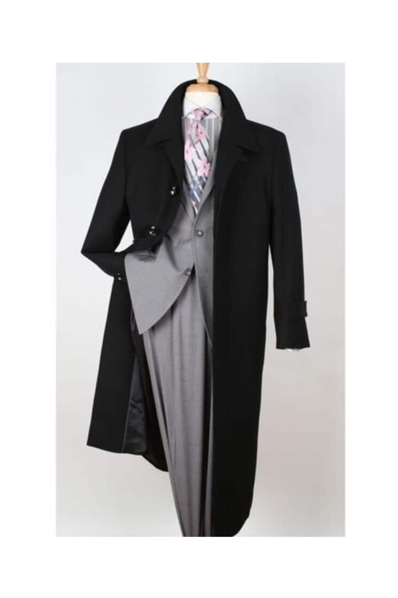 100% Wool Gabardine Black Wide Lapel Top Overcoat - Coat Size 38