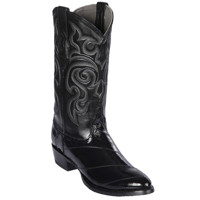 Los Altos Boots - Mens Dress Cowboy Boot - Low Priced Black Eel Skin R-Toe Western Boots- in Black - 6