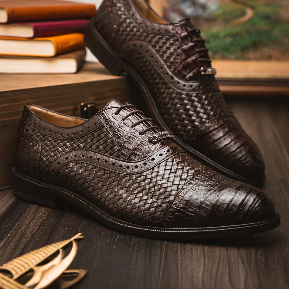 Marco Di Milano John Men's Shoes Exotic Caiman Crocodile / Woven Leather Dress Oxfords - 6