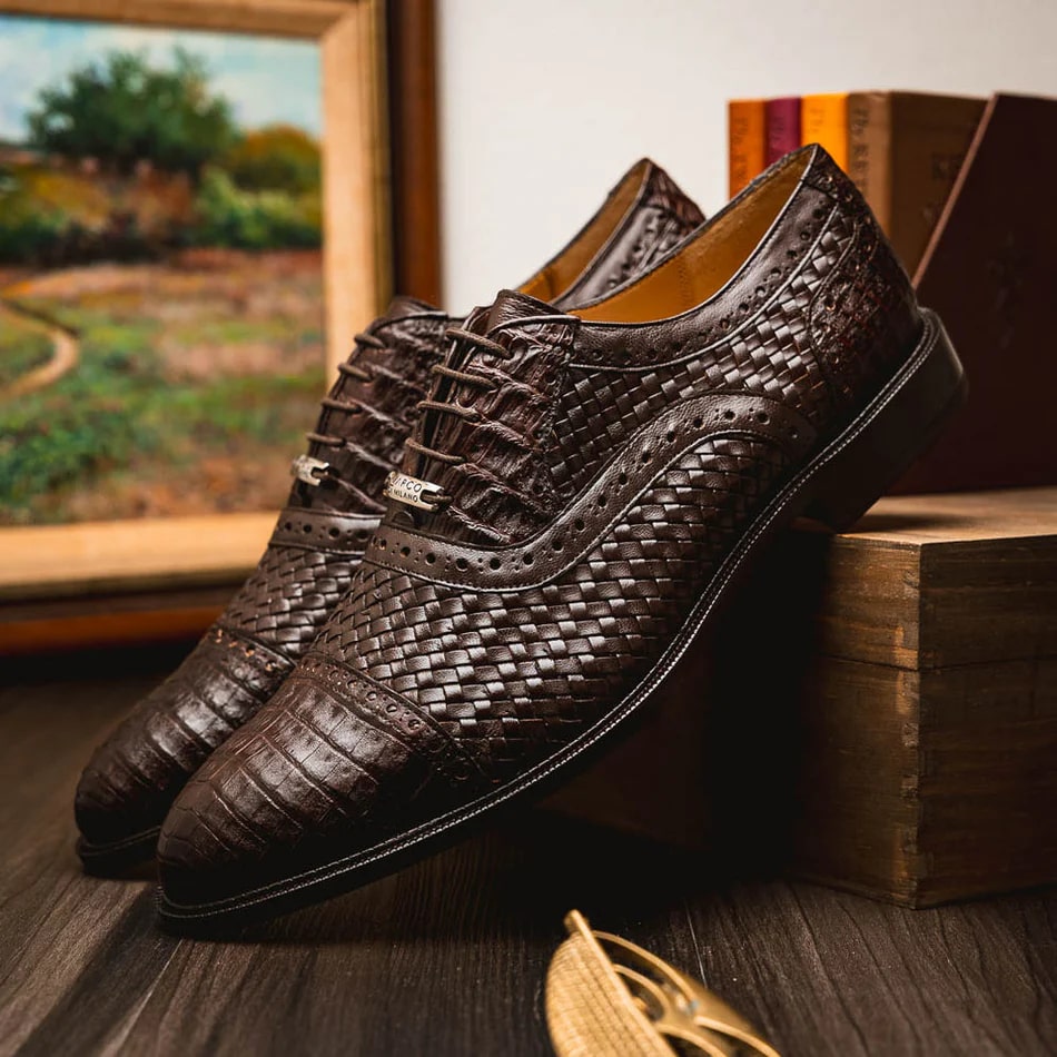 Marco Di Milano John Men's Shoes Exotic Caiman Crocodile / Woven Leather Dress Oxfords - 6