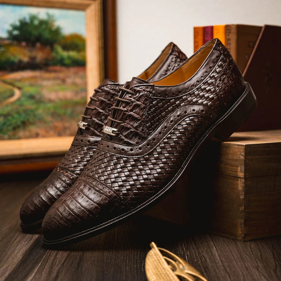 Marco Di Milano John Men's Shoes Exotic Caiman Crocodile / Woven Leather Dress Oxfords - 8.5
