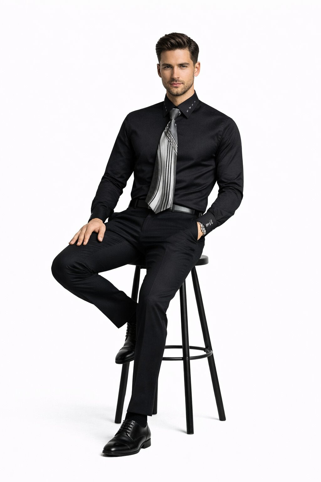 French Cuff + Tie + Handkerchief Men's Dress Shirt With Tie