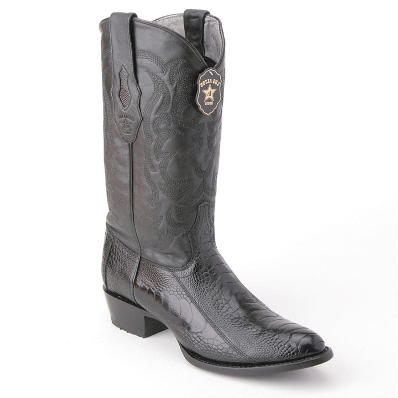 Los Altos Men's Black Genuine Ostrich Leg Round Toe Boots - 6