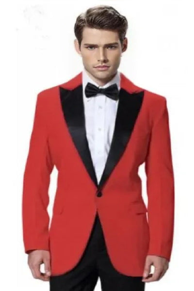 Men's Red Jacket Black Lapel Tuxedos with Black Pant One Button Elegant Slim Fit Wedding Suit - Red Tuxedo