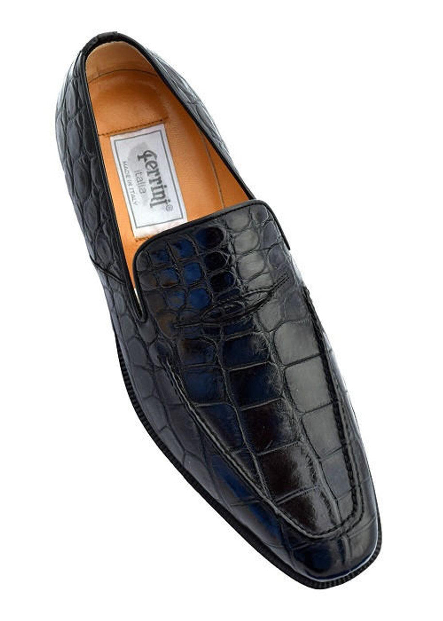 Italian Crocodile Skin Shoes by Ferrini Mens Black Unique Leather Loafers - 9