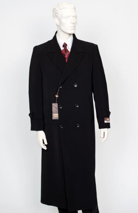 Double Breasted Overcoat - Full length Black Topcoat in Australian Wool Fabric in 7 Colors