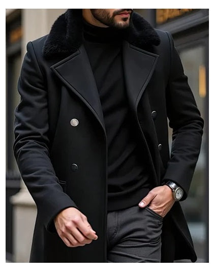 Mens Peacoat With Fur Collar  - Black Wool Double Breasted Coat