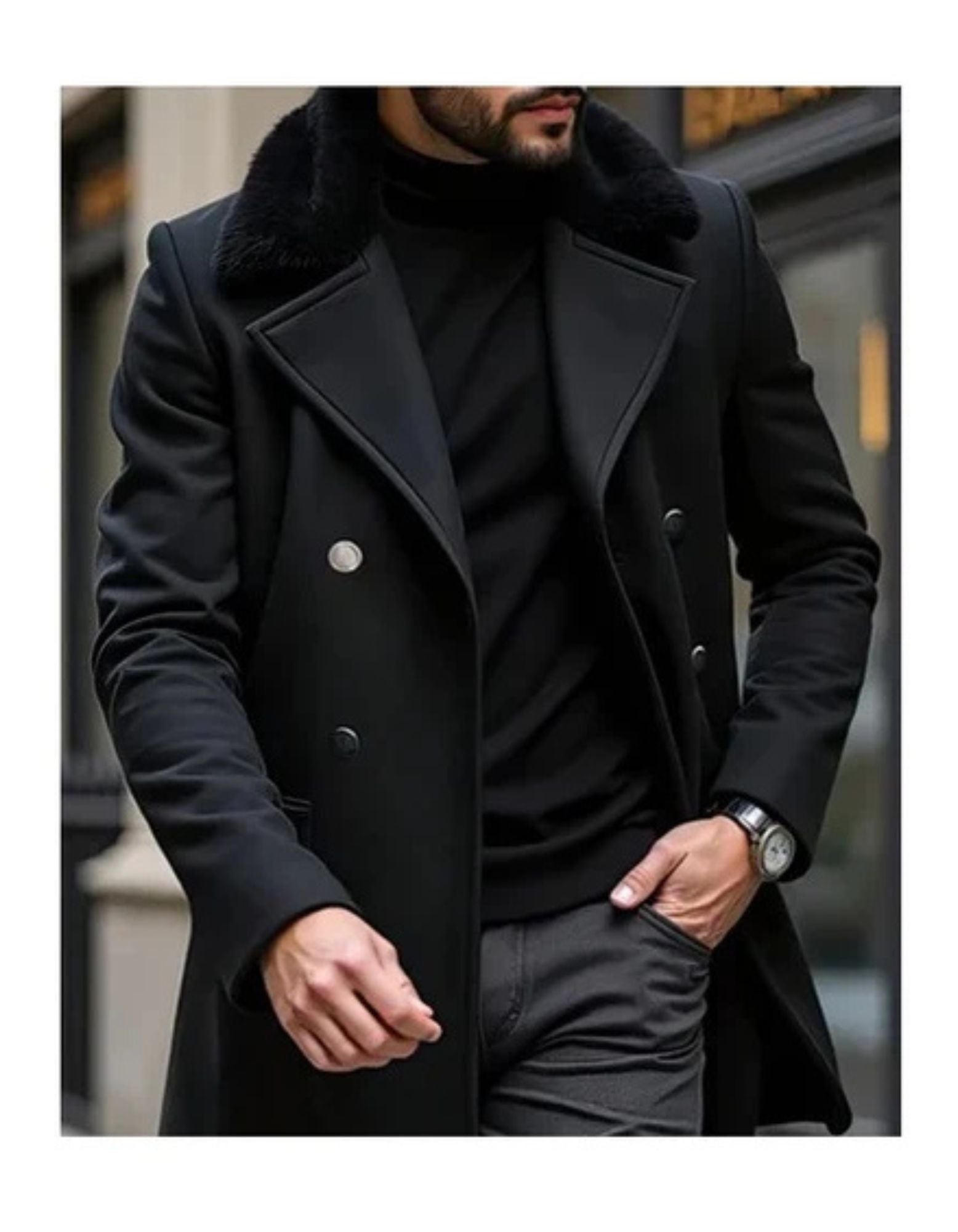 Mens Peacoat With Fur Collar  - Black Wool Double Breasted Coat - Coat Size 28