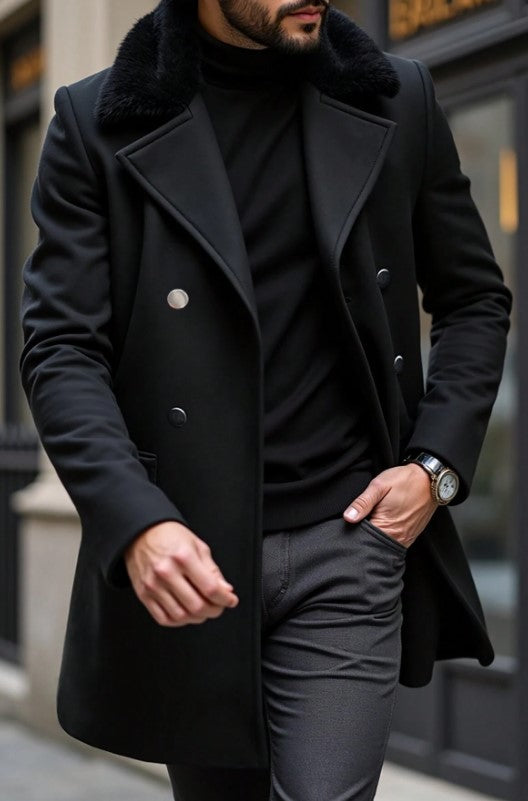 Mens Peacoat With Fur Collar  - Black Wool Double Breasted Coat