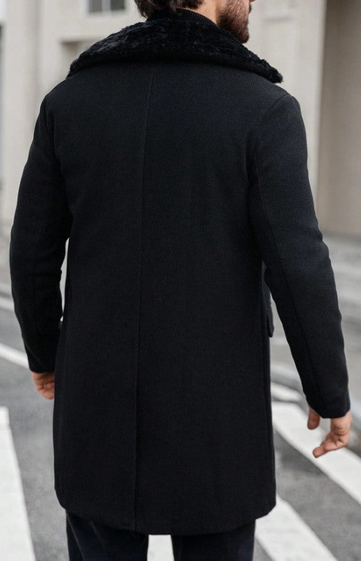 Mens Peacoat With Fur Collar  - Black Wool Double Breasted Coat