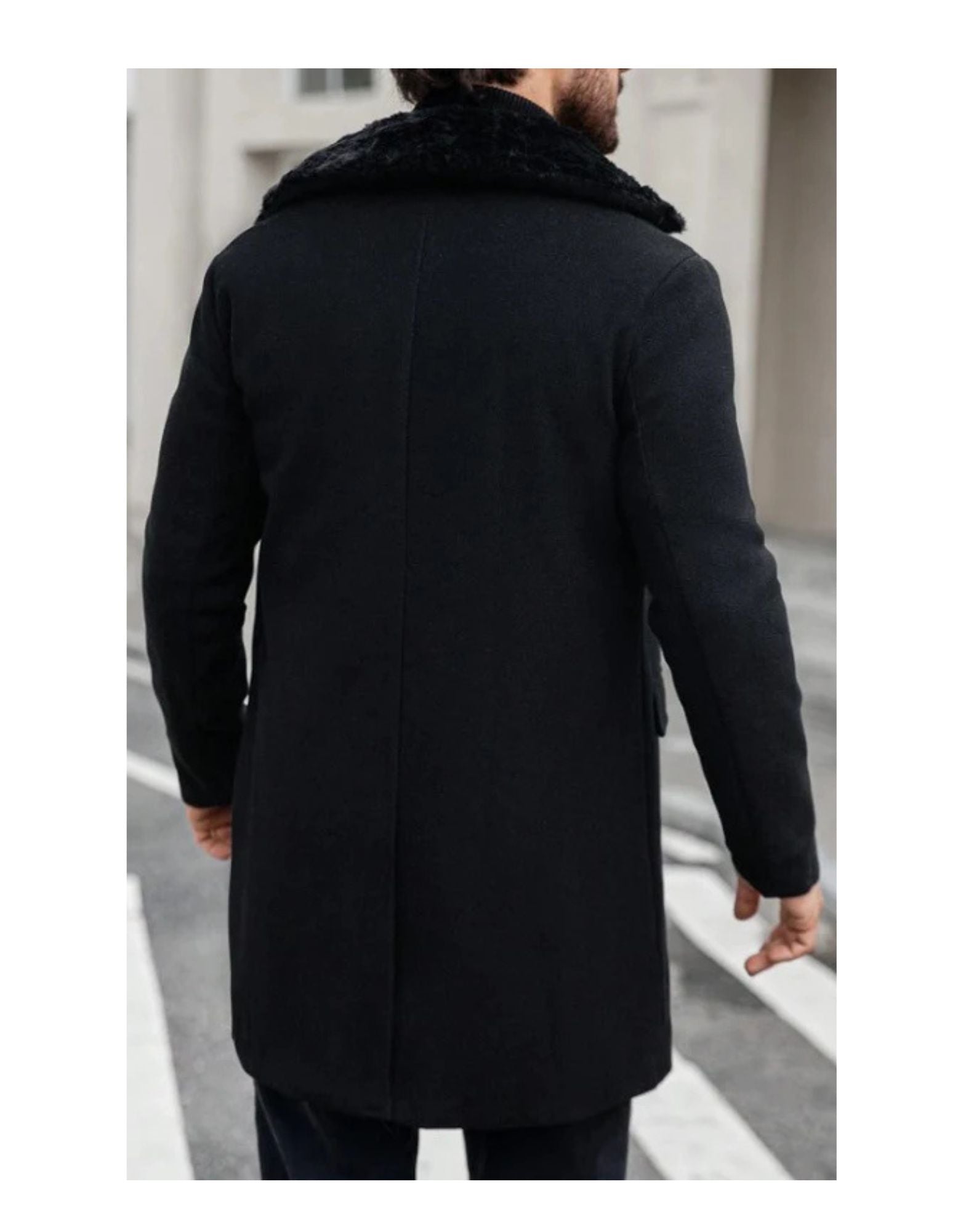 Mens Peacoat With Fur Collar  - Black Wool Double Breasted Coat