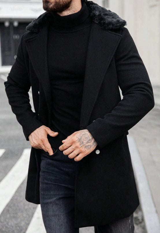 Mens Peacoat With Fur Collar  - Black Wool Double Breasted Coat