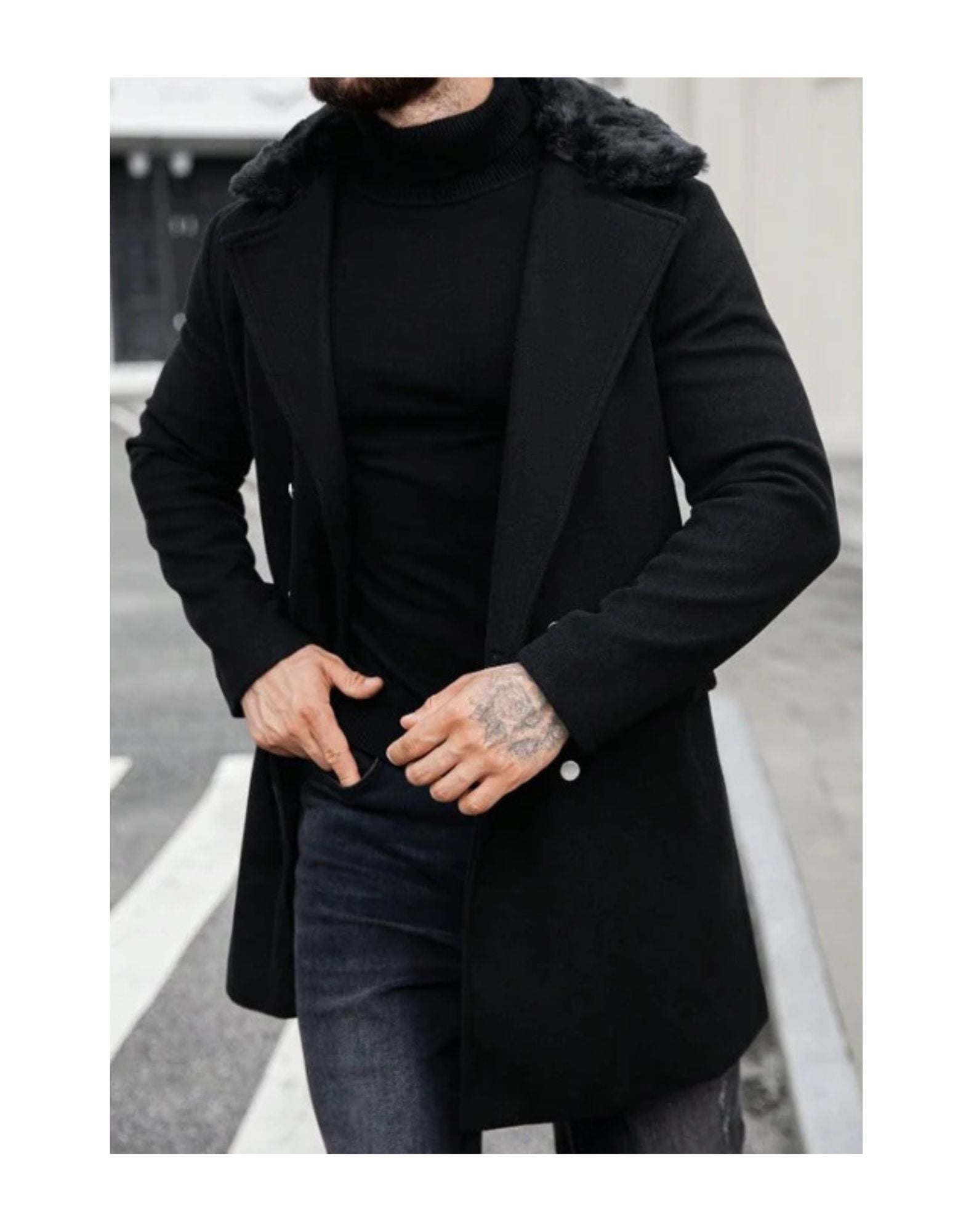 Mens Peacoat With Fur Collar  - Black Wool Double Breasted Coat - Coat Size 28