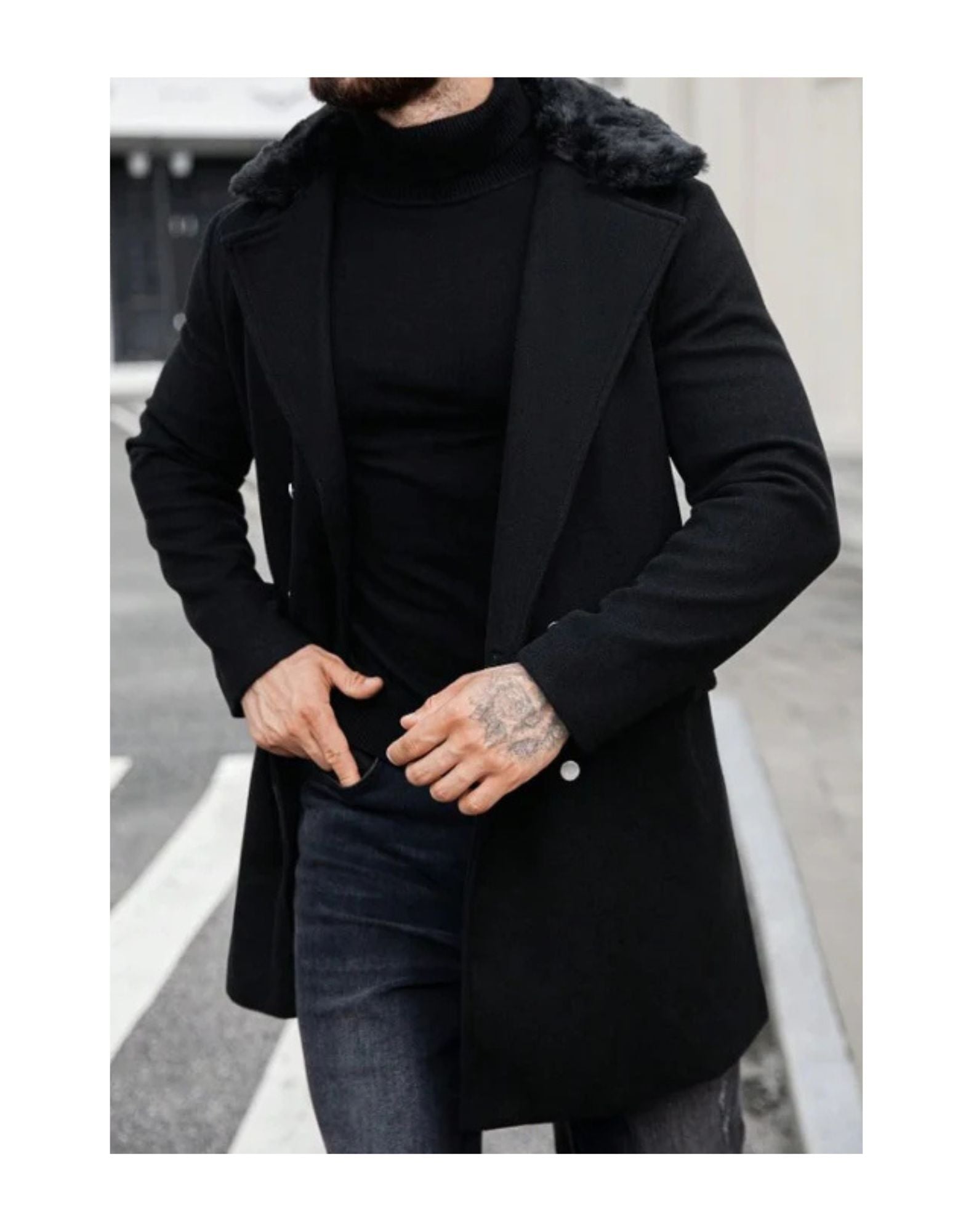 Mens Peacoat With Fur Collar  - Black Wool Double Breasted Coat