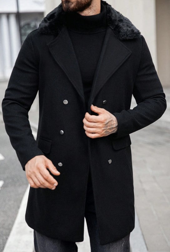 Mens Peacoat With Fur Collar  - Black Wool Double Breasted Coat