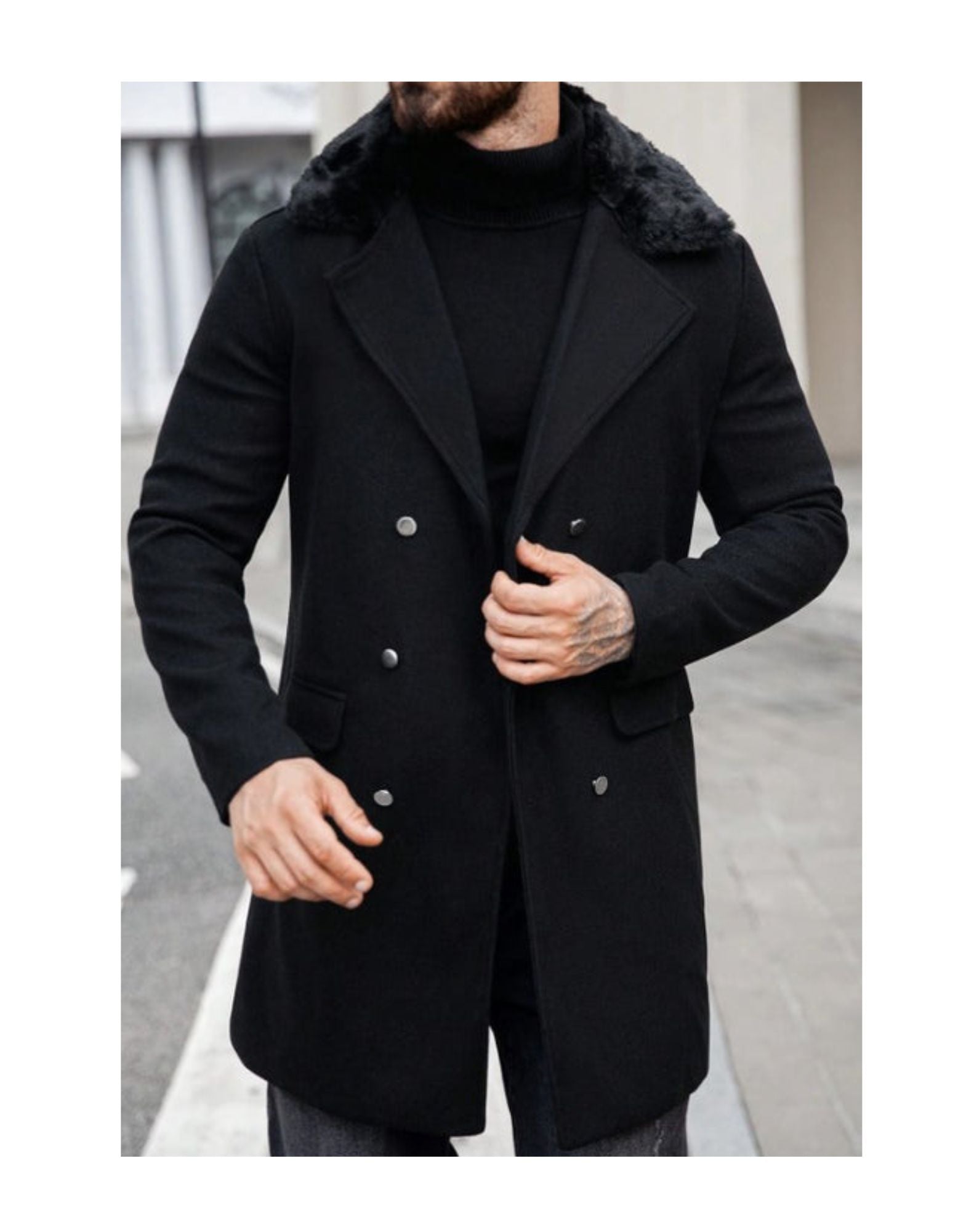 Mens Peacoat With Fur Collar  - Black Wool Double Breasted Coat