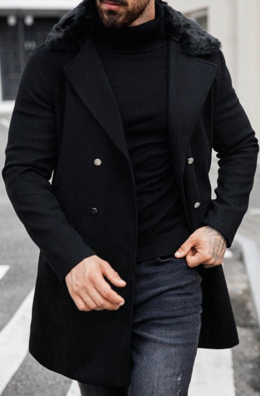 Mens Peacoat With Fur Collar  - Black Wool Double Breasted Coat