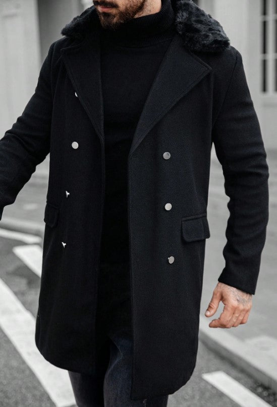 Mens Peacoat With Fur Collar  - Black Wool Double Breasted Coat