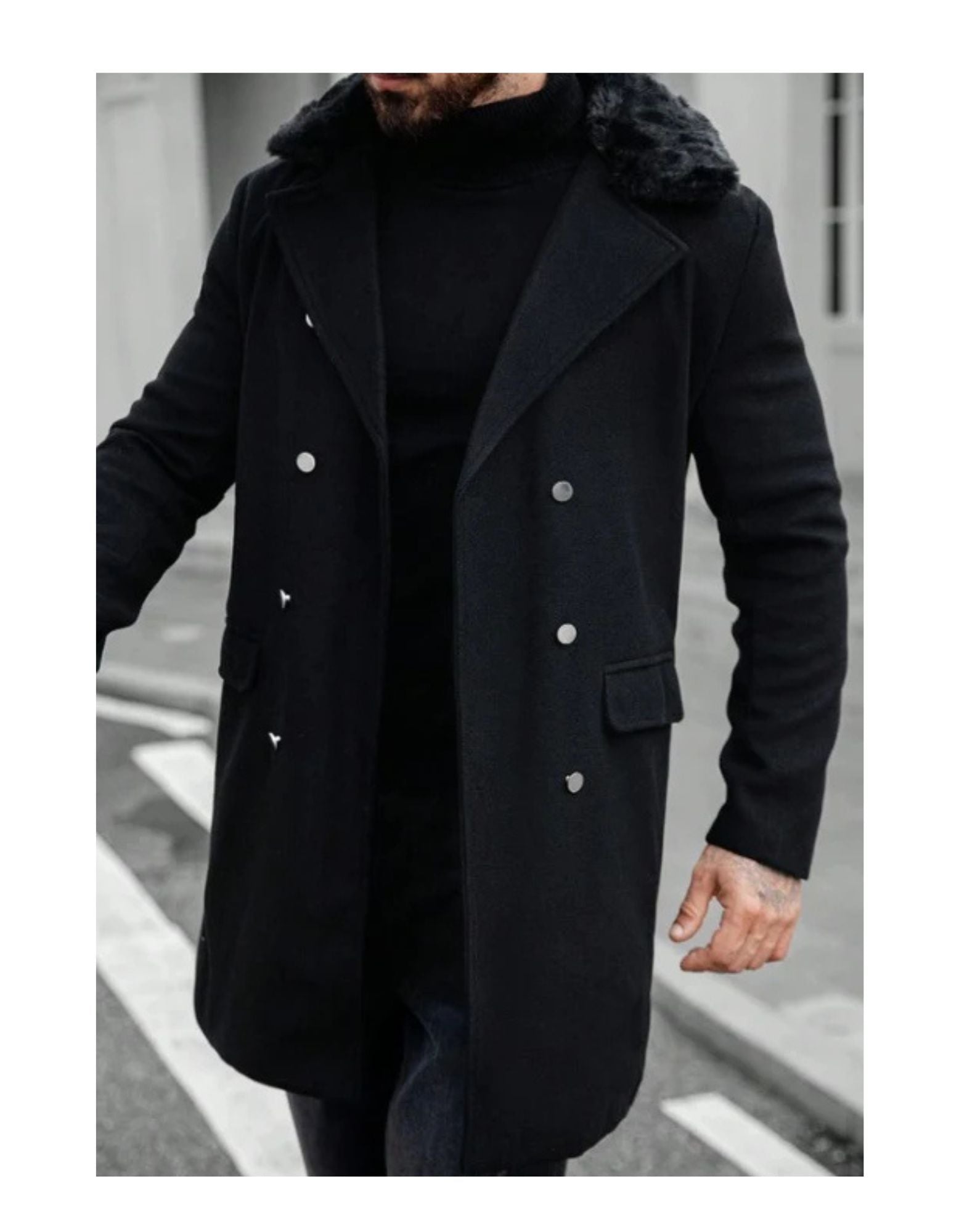 Mens Peacoat With Fur Collar  - Black Wool Double Breasted Coat