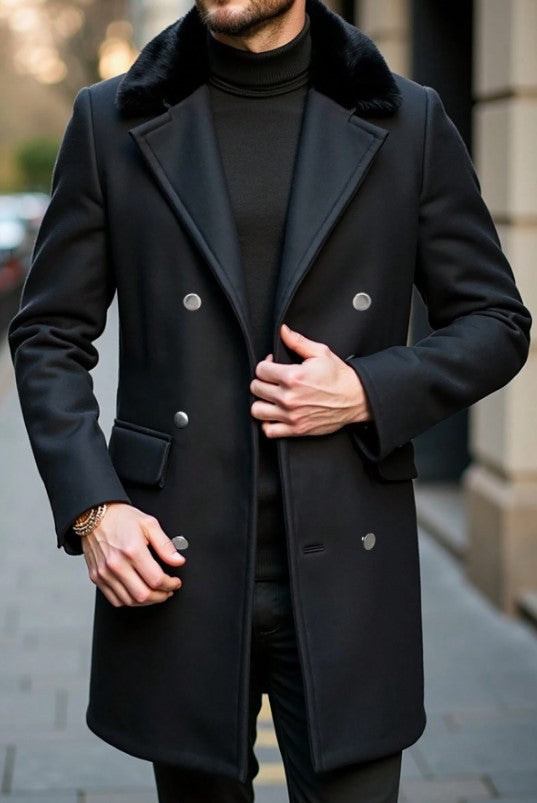 Mens Peacoat With Fur Collar  - Black Wool Double Breasted Coat