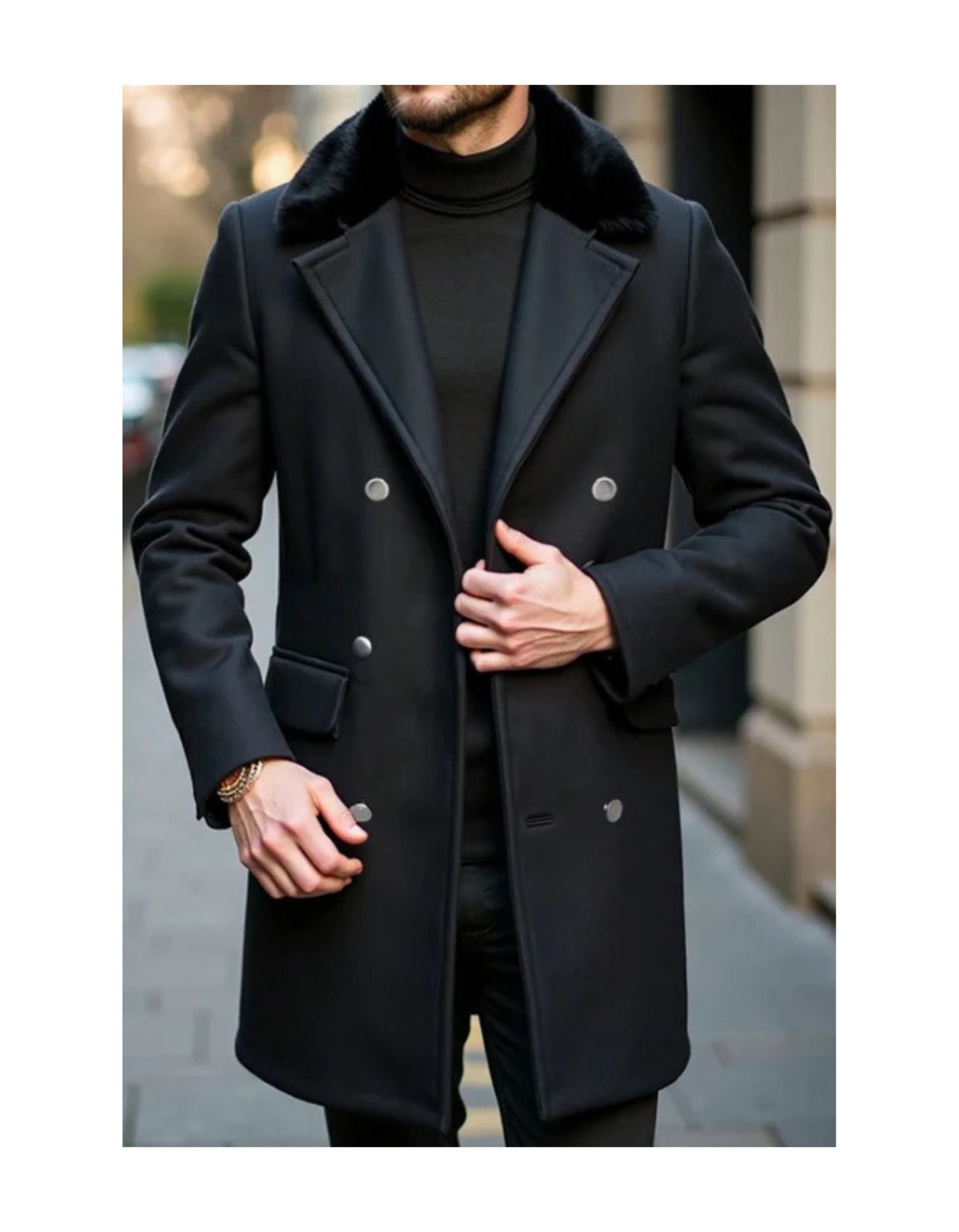 Mens Peacoat With Fur Collar  - Black Wool Double Breasted Coat