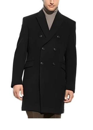 Double Breasted Black 3/4 Length Wool Cashmere Blend Overcoat Top Coat