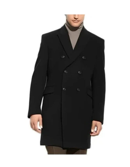 Double Breasted Black 3/4 Length Wool Cashmere Blend Overcoat Top Coat