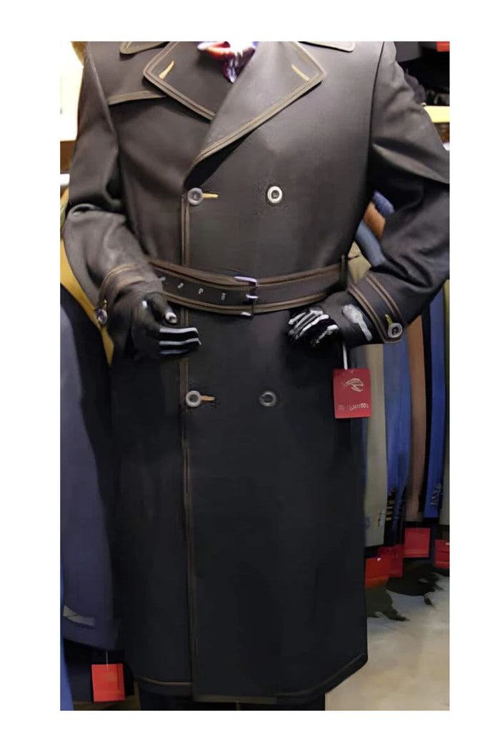 Double Breasted Denim Ankle length Coat Dress Coat  Priced Available In Big & Tall Sizes with a Belt Dark color black men's Overcoat