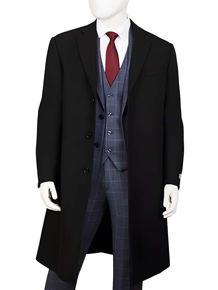 Men's Three Button Wool ~ Poly Blend Black Overcoat