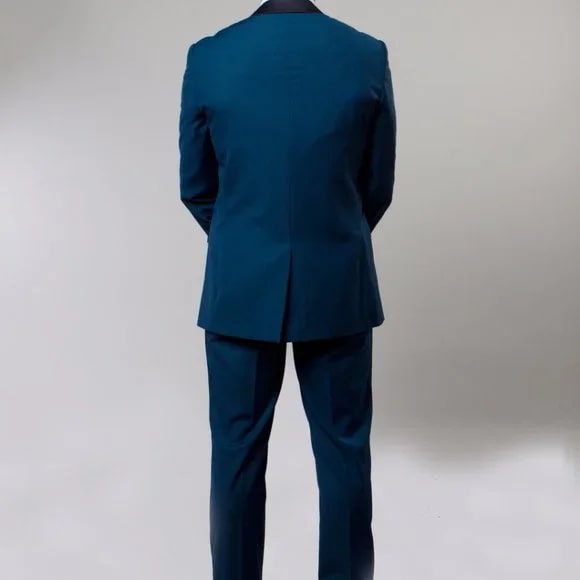 Bryan Michaels Slim Fit 3-PC Tuxedo, Blue w/ Black Pants - 38 Short Jacket+32 Waist Adjustable 28to34)(Height: 5 4 to5 7 )(Neck  15-16.5)S-M)