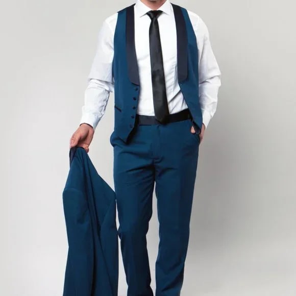 Bryan Michaels Slim Fit 3-PC Tuxedo, Blue w/ Black Pants - 38 Short Jacket+32 Waist Adjustable 28to34)(Height: 5 4 to5 7 )(Neck  15-16.5)S-M)