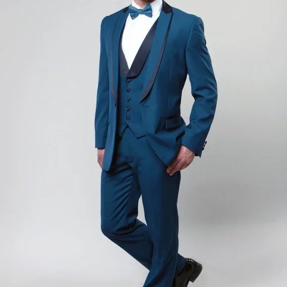 Bryan Michaels Slim Fit 3-PC Tuxedo, Blue w/ Black Pants - 38 Short Jacket+32 Waist Adjustable 28to34)(Height: 5 4 to5 7 )(Neck  15-16.5)S-M)
