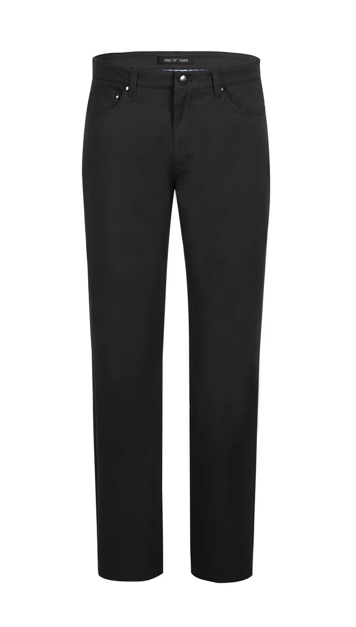 Stretch Cotton Flat Front Pants Straight Legs in Black