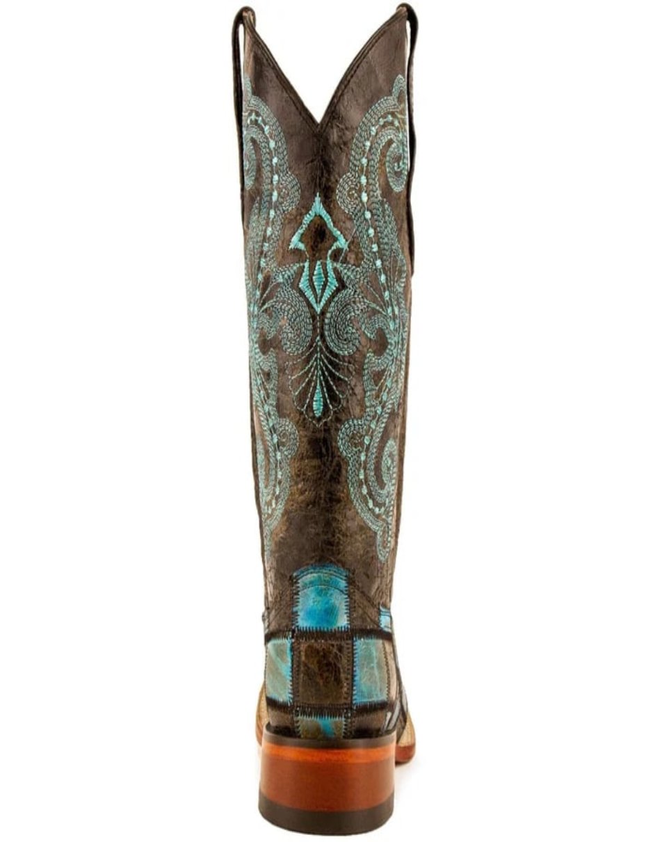 Ferrini Women's Patchwork Square Toe Boots Handcrafted - Black/Teal - 6B