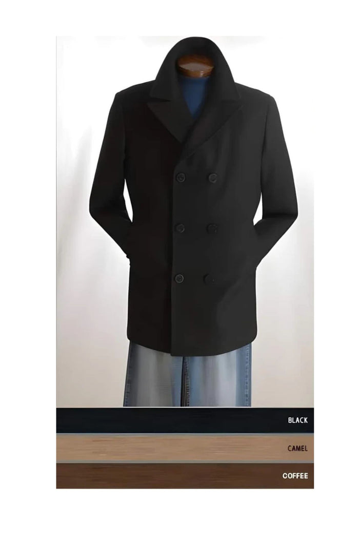 Designer men's Wool Peacoat Sale Blend Overcoat Double Breasted Broad Lapels Side Pocket in 3 Color