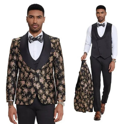 2026 Black & Pink Shiny Floral Mens 3pc Prom 2026 Suit by Tazzio