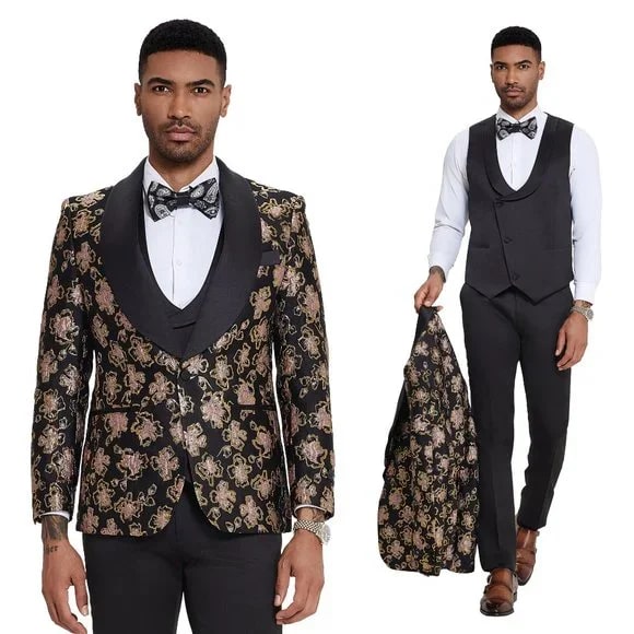 2024 Black & Pink Shiny Floral Mens 3pc Prom Suit by Tazzio