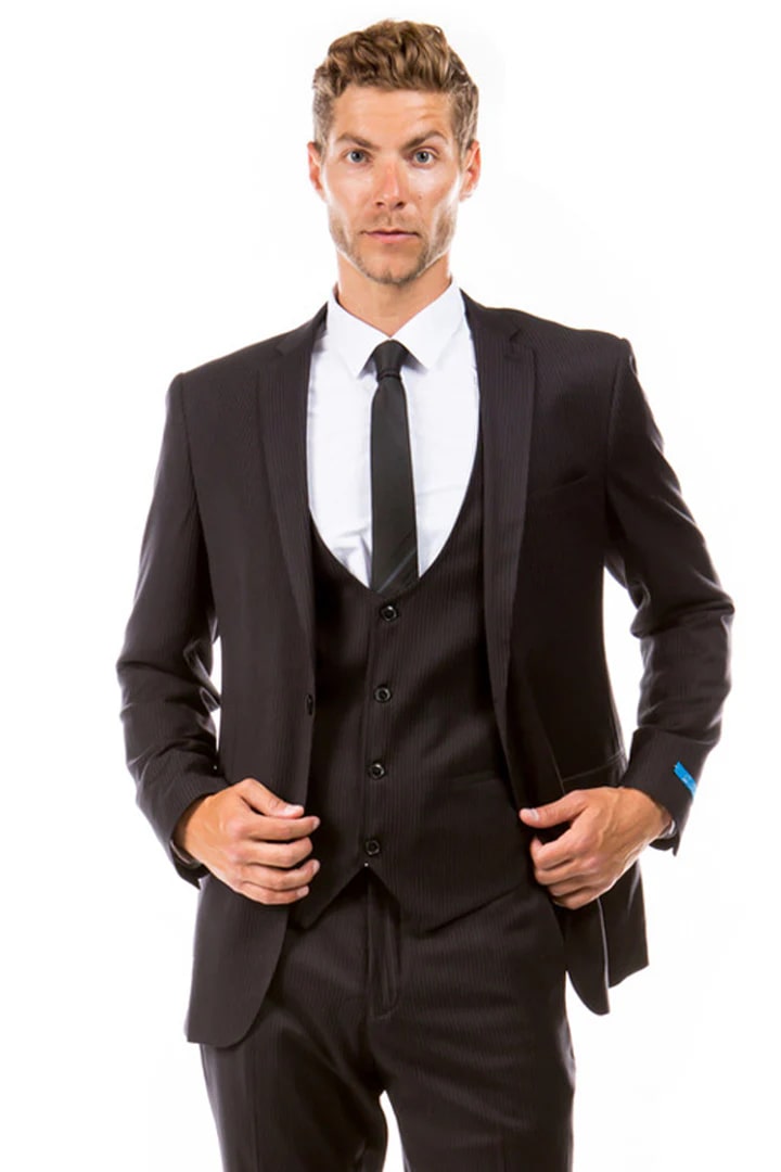 Cheap Suit - Men's Two Button Vested Hybrid Fit Micro Mini Black Pinstripe Business Suit