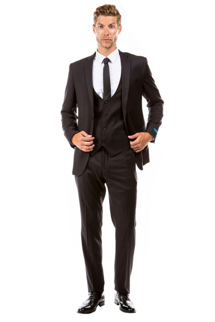 Cheap priced Suit - Men's Two Button Vested Hybrid Fit Micro Mini Black Pinstripe Business Suit