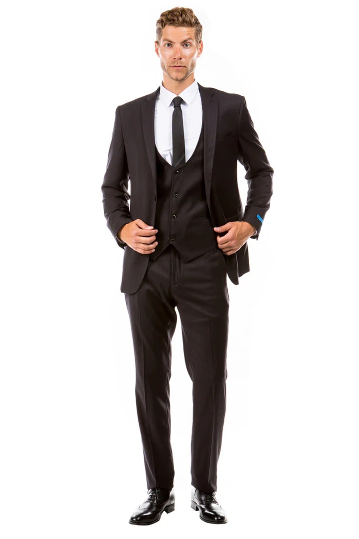 Cheap Suit - Men's Two Button Vested Hybrid Fit Micro Mini Black Pinstripe Business Suit