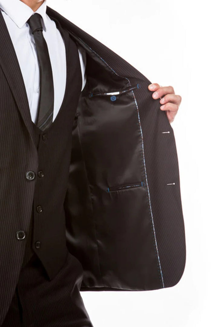 Cheap priced Suit - Men's Two Button Vested Hybrid Fit Micro Mini Black Pinstripe Business Suit