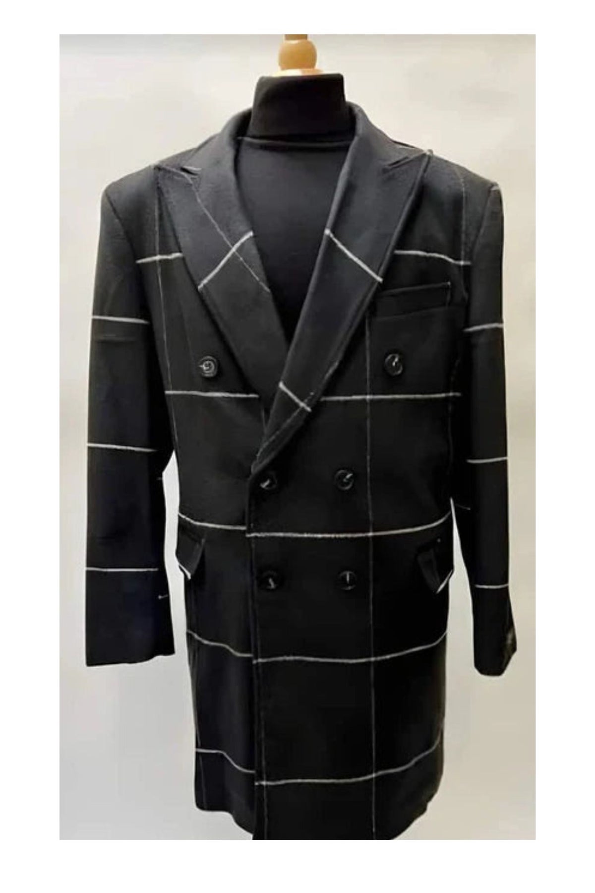 Black Plaid Overcoat - Wool Topcoat With WindowPane Pattern Double Breasted Style