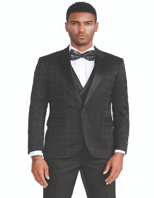 Black Plaid Men's Tuxedo with One Button Peak Lapel & Double Breasted Vest
