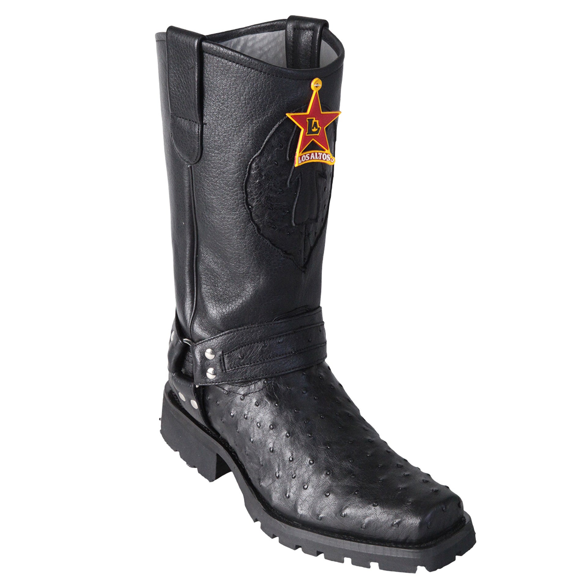 Los Altos Men's Black Full Quill Ostrich Leather Biker Boots - 6
