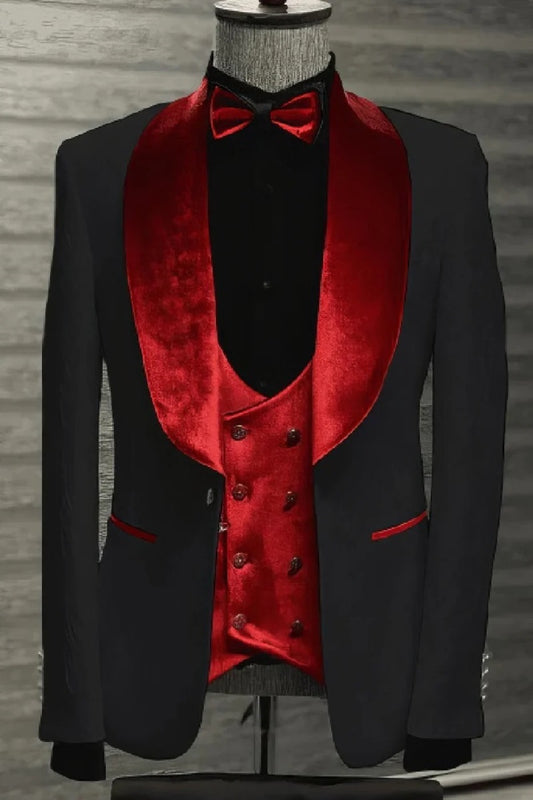 Black and Red Velvet Lapel Tuxedo -  Red Wedding Slim Fit Tuxedo - Two Toned