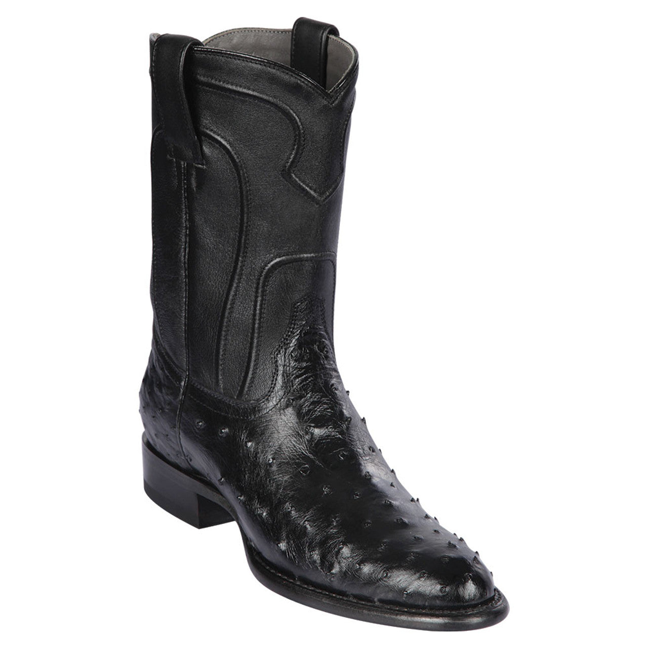 Los Altos Men's Genuine Full Quill Ostrich Black Roper Toe Boots - 6